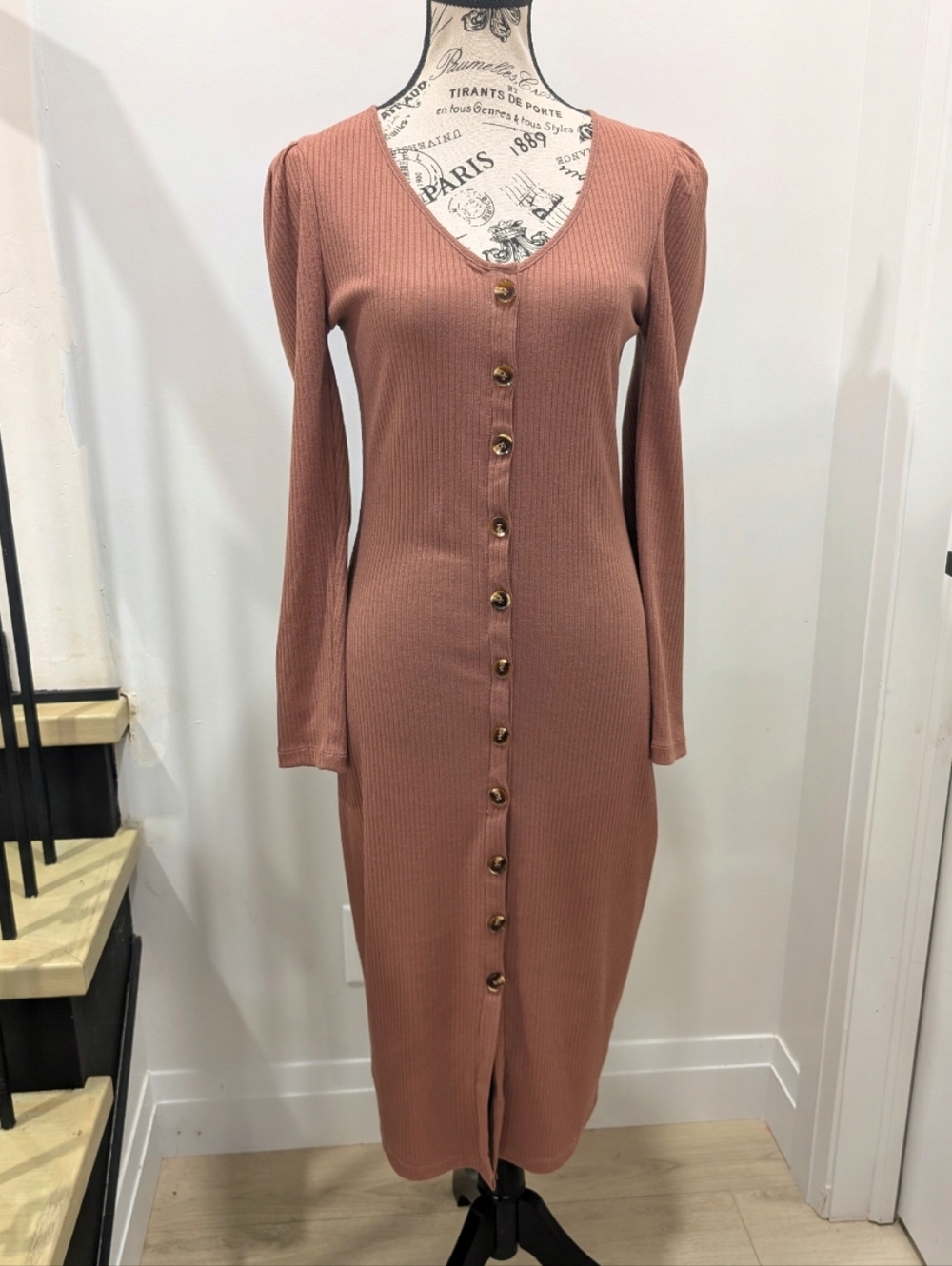 HEARTLOOM | Women's Pinkish/Brown Long Sleeved Ribbed Lizea Bodycon Midi Dress